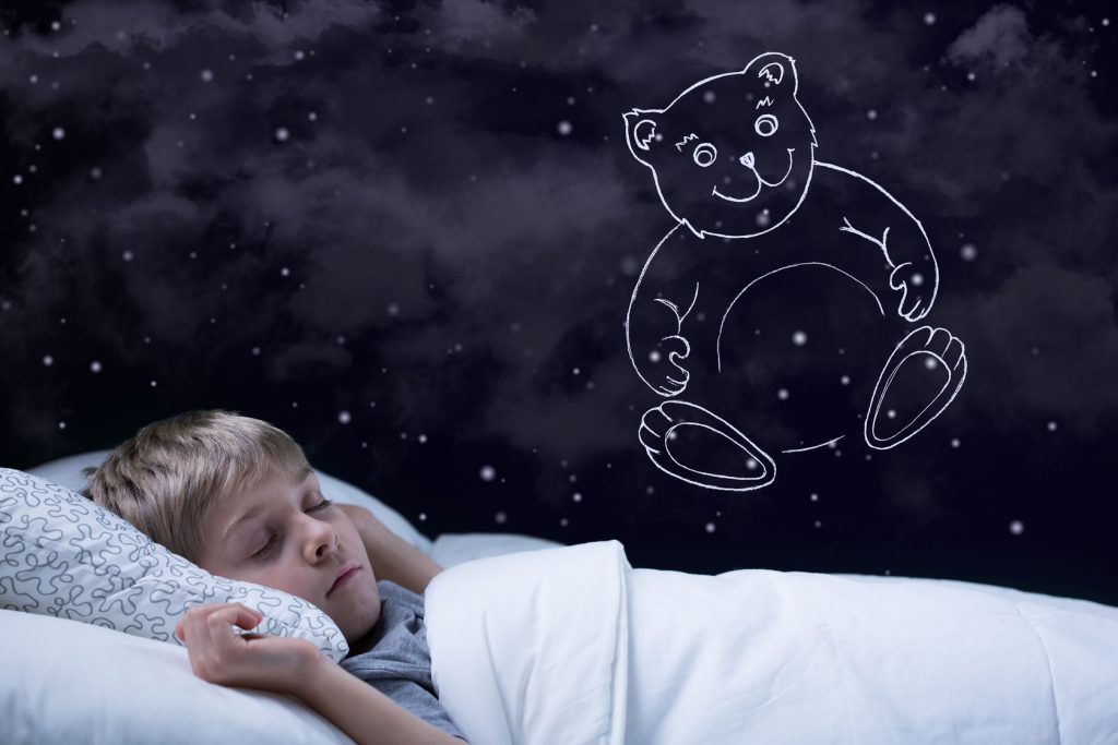 34709128 - image of little cute boy dreaming about his teddy bear