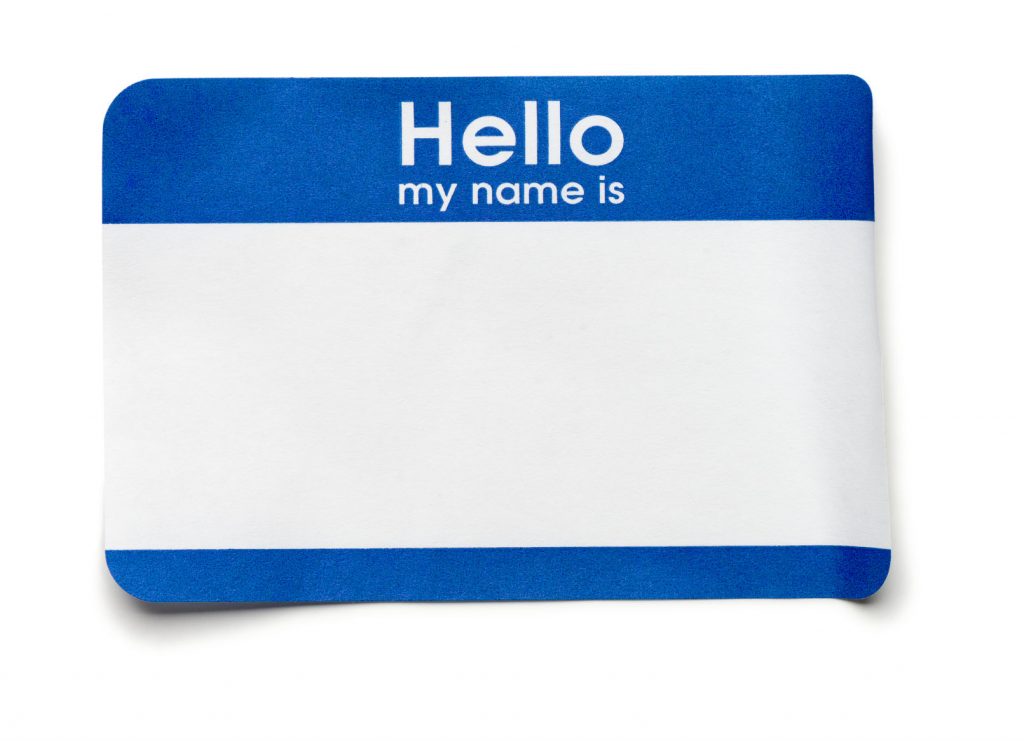 31759686 - blue hello name tag on white