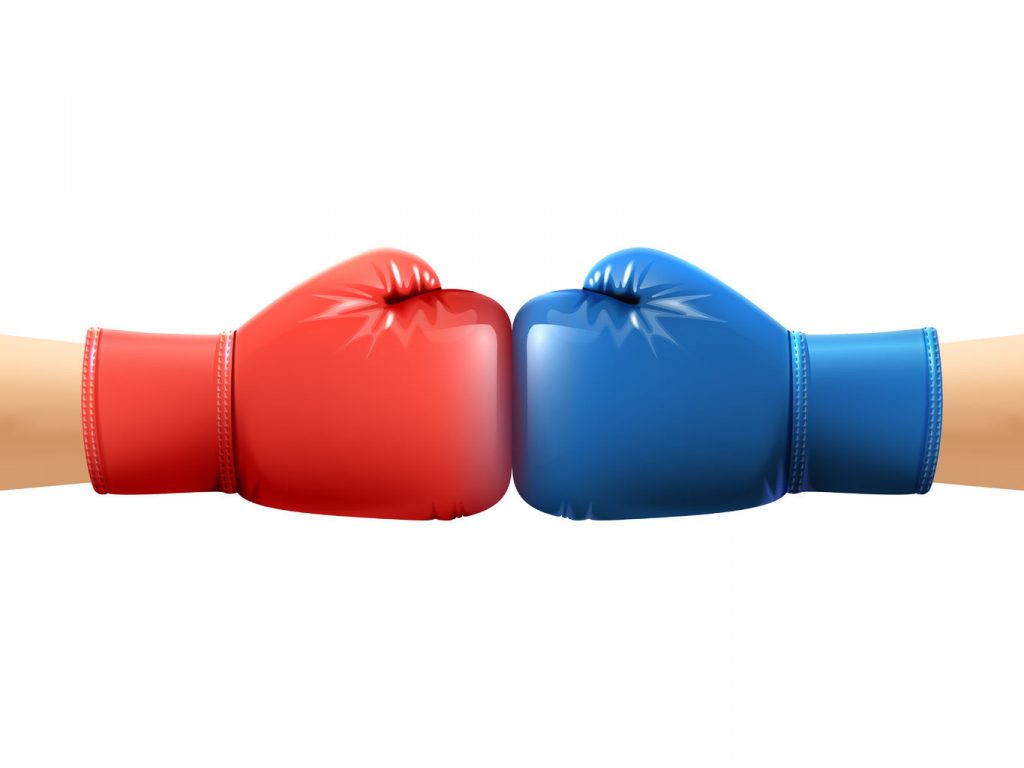46501597 - two human hands in realistic boxing gloves punching vector illustration
