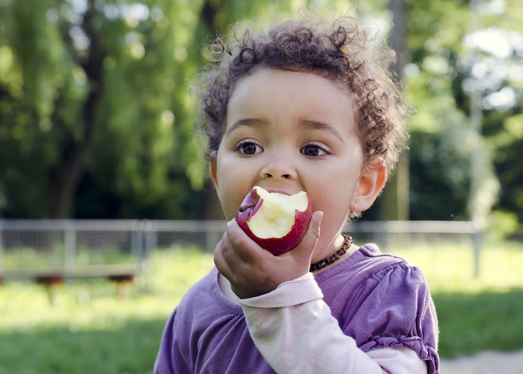 34956117 - child girl eating an apple in a park in nature.