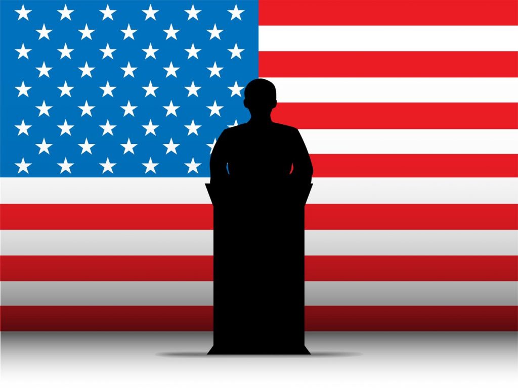 13444222 - vector - united states of america  speech tribune silhouette with flag background